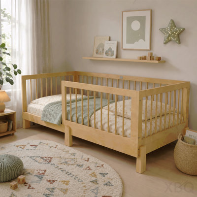 Twin Size Wood Montessori Floor Bed with Guardrails, 3-in-1 Convertible Daybed to Platform Bed for Kids - Natural