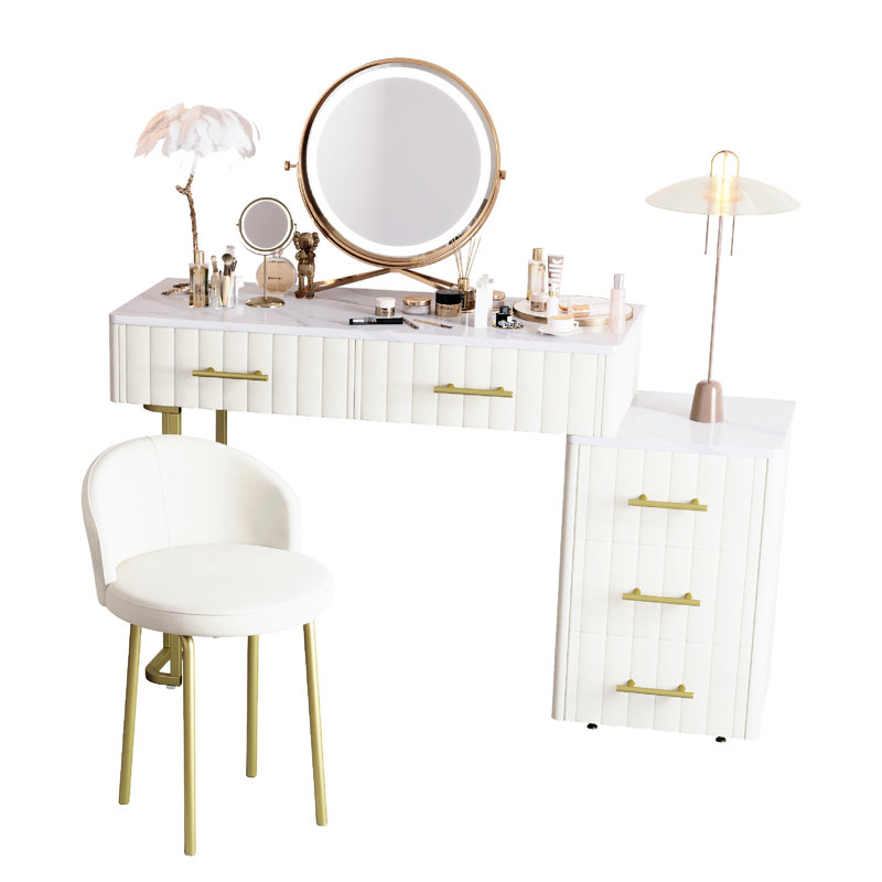 Velvet Upholstered Dressing Vanity, 5 Drawers, Chair Included, Beige Tone, Marble - Look Tabletop, Gold Metal Handles, Left/Right Drawer Setup, Adjustable Storage, Installation, Desk With Chair,