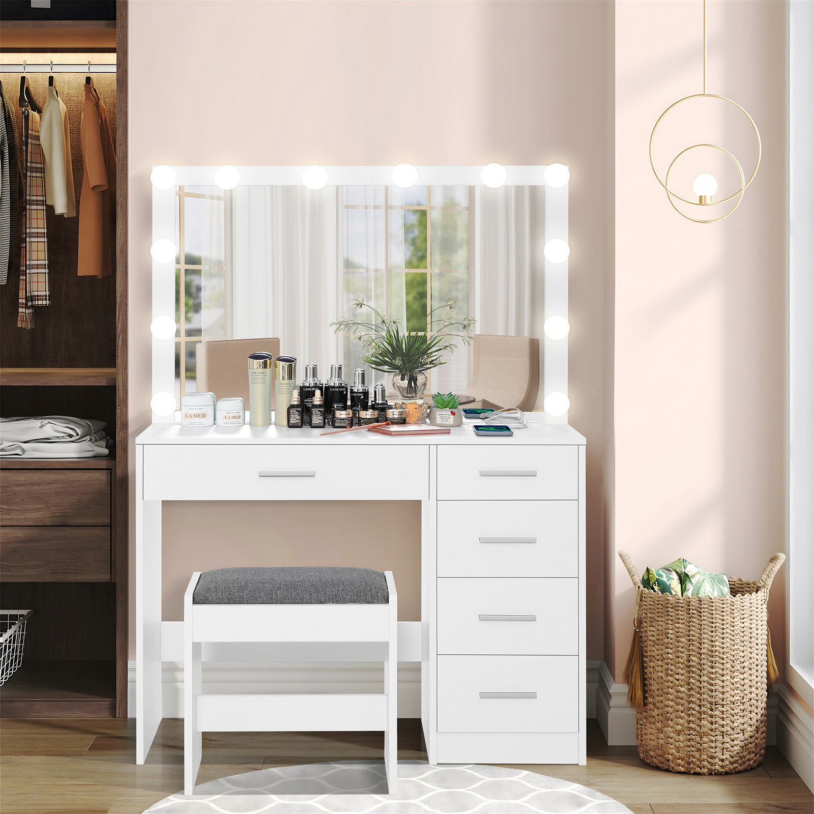 Latitude Run® Jamaiyah Large Vanity Desk with Storage Shelves, 5 Drawers,  Glass Cabinet