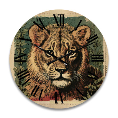 Portrait Of A Wild Lion Retro Illustration II - Animals Lion Oversized Wood Wall Clock