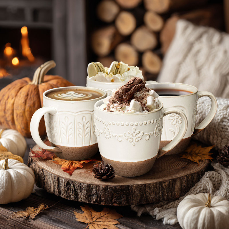  16 oz Embossed Ceramic Coffee Mugs, Set of 4, Microwave & Dishwasher Safe White Latte Cups for Tea & Cocoa (Multiple Patterns)