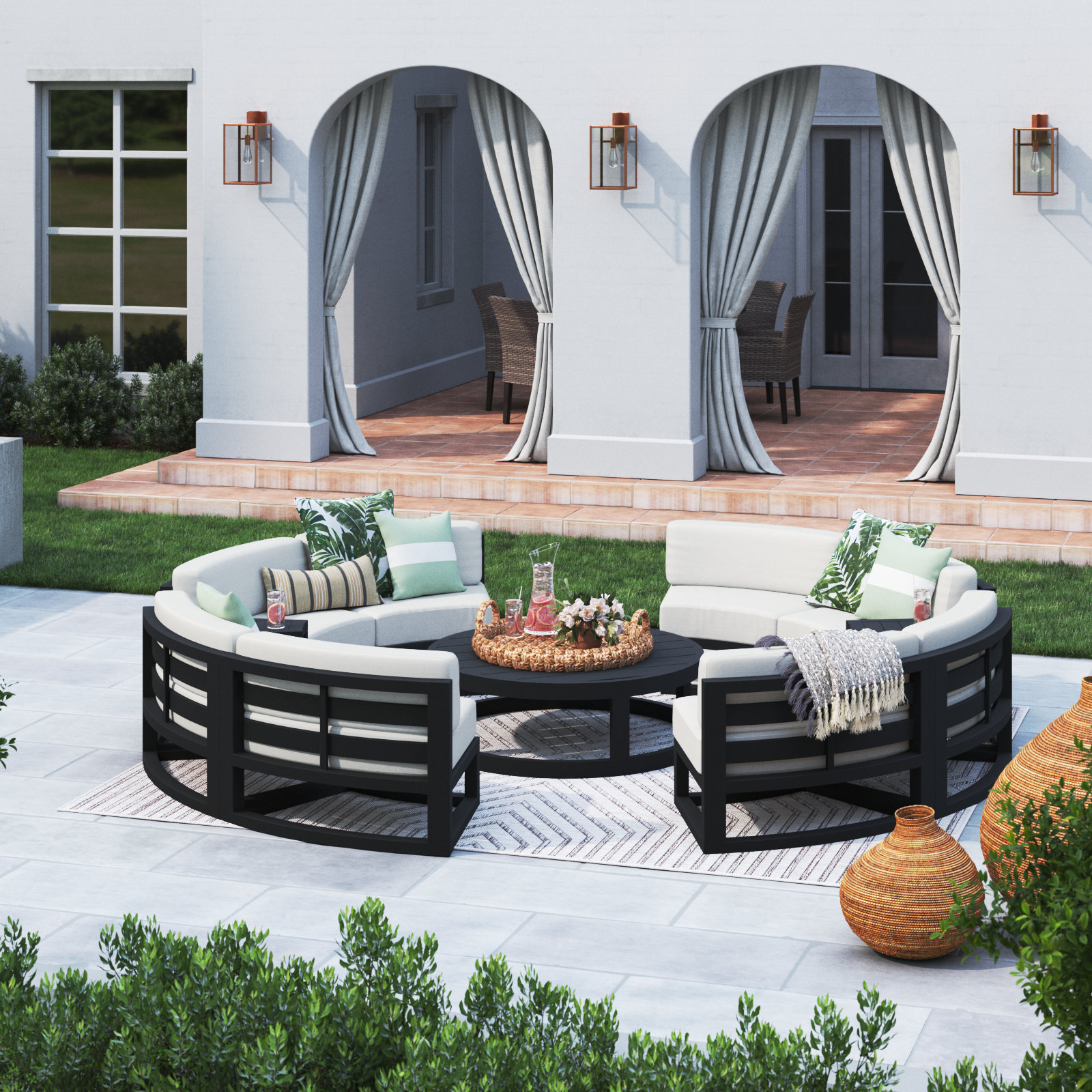 Bergeron 8 - Person Patio Conversation Set with Cushions, Canvas Natural Sunbrella® Canvas, Black