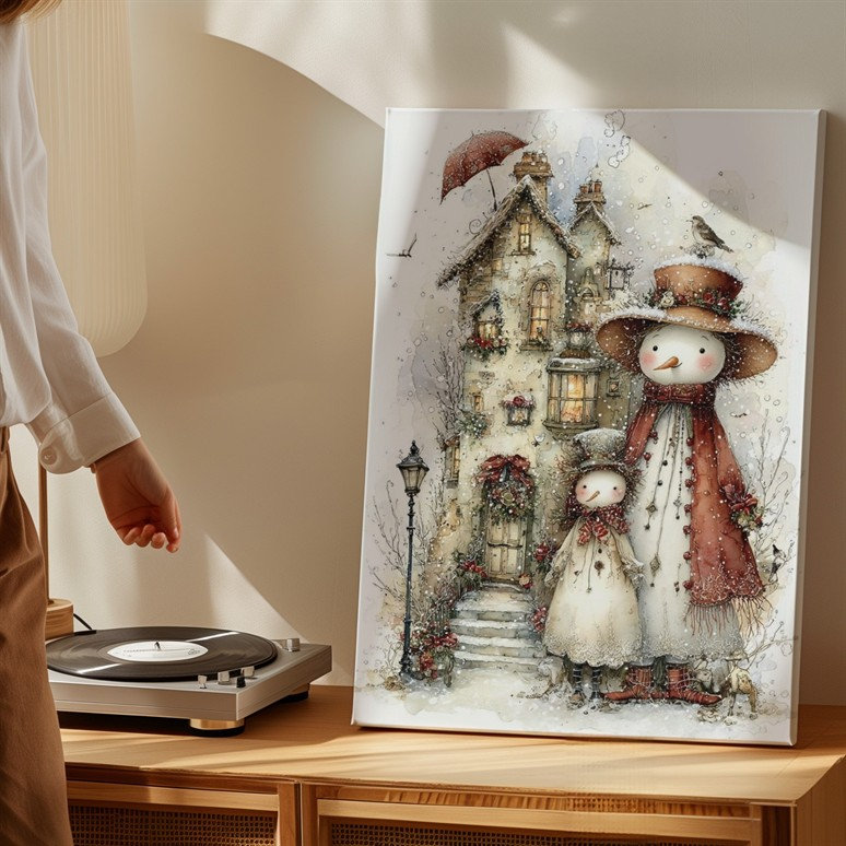 Toile une scène hivernale fantaisiste mettant en vedette deux charmants bonhommes de neige, un grand art mural élégant et un long manteau rouge et un large art mural moderne sur toile