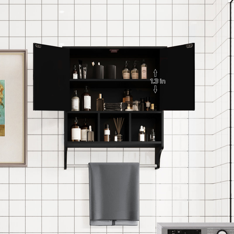 Armoire de rangement spacieuse en noir, avec barre à serviettes et aspect noir élégant