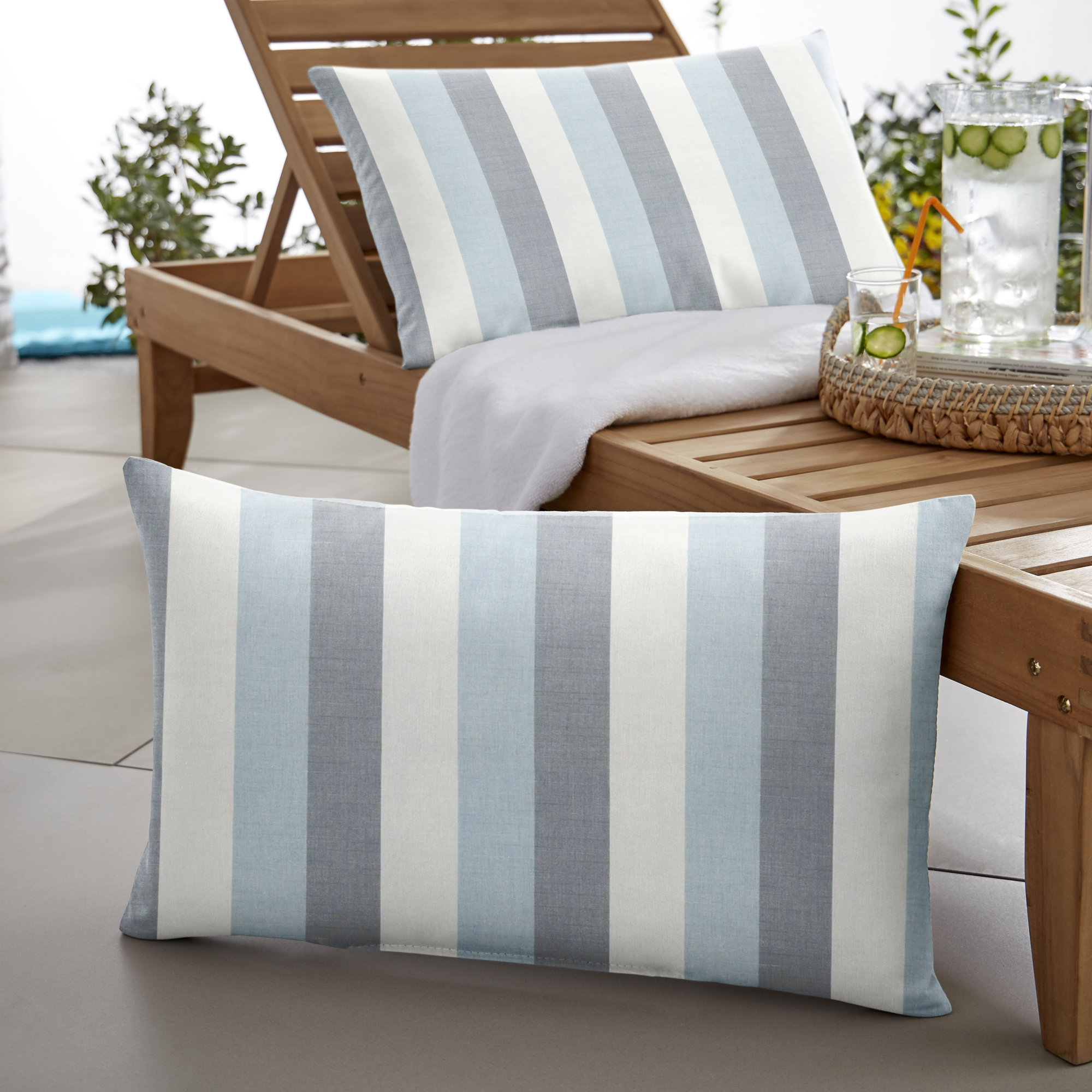 New Sunbrella 2023 Striped Sunbrella® Indoor/Outdoor Lumbar Throw Pillow, 14'' x 24'', Blue/Gray