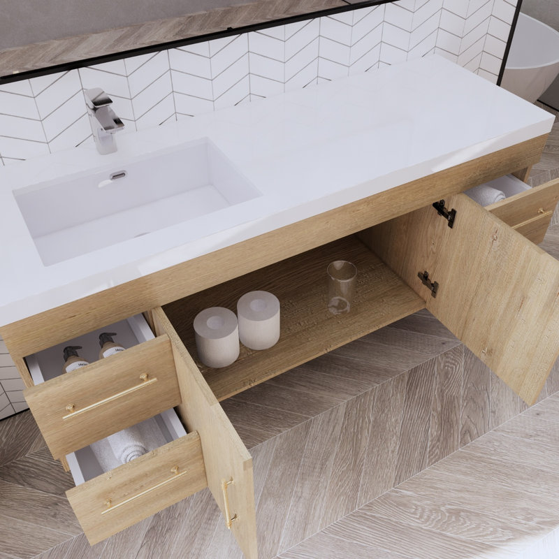 Ensemble de meuble-lavabo mural simple 59 po Bastri, Chêne