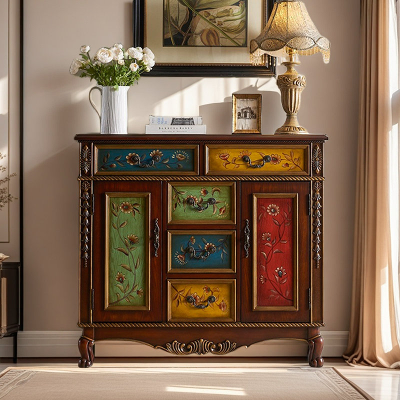 Vintage Art Hand-Painted Carved Accent Cabinet