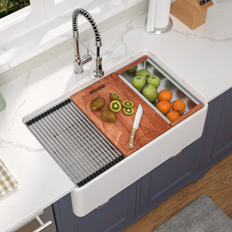Évier de cuisine en céramique à cuve simple 33 po x l 20 po x H 10 po avec accessoires
