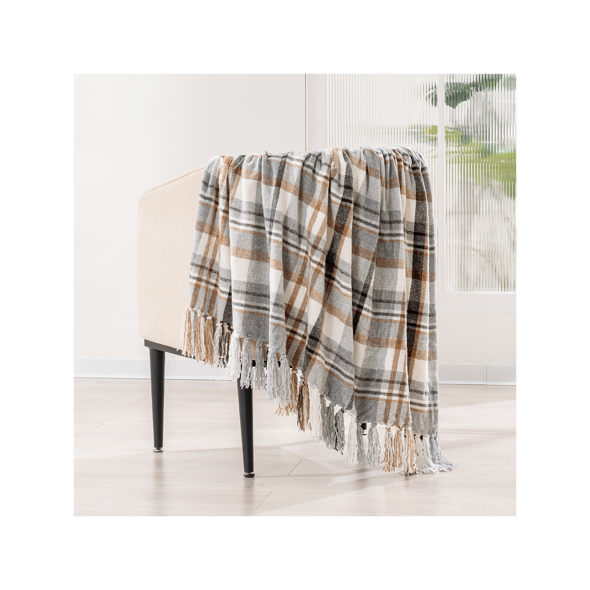 Soft Chenille Throw Blanket, Gray/Warm Beige Plaid, 80" L x 60" W