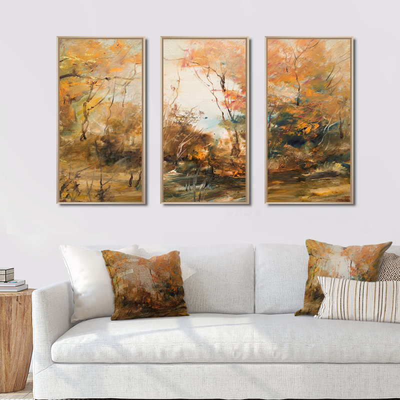 Forêt en automne, ensemble de 3 peintures à l'huile sur toile encadrées, L 48 po x H 32 po, Brun