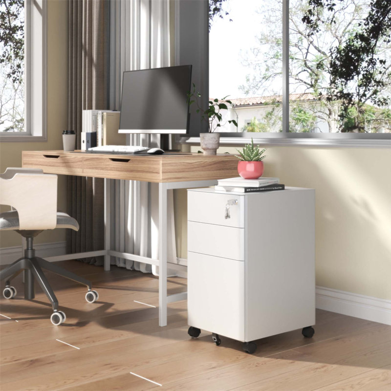 Classeur mobile à 3 tiroirs avec serrure, rangement en métal tout en acier sur roulettes, deux tiroirs peu profonds et un tiroir profond pour le bureau / la maison, entièrement assemblé, 110 lb / tiroir, conception anti-basculement