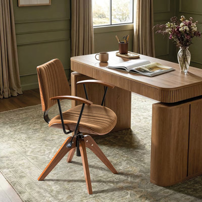 Fauteuil de bureau Oswina de style moderne du milieu du siècle, en bois courbé, recouvert de tissu capitonné, pivotant à 360° et doté d'accoudoirs