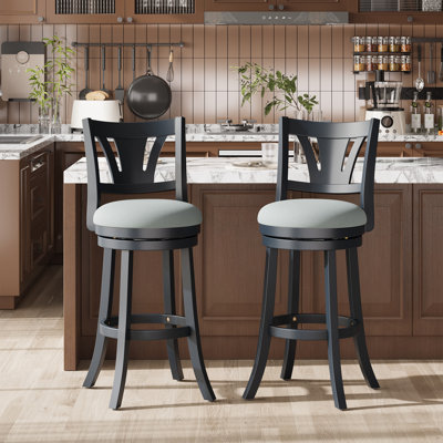 Upholstered Swivel Bar Stools with Curved Backrest & Solid Rubber Wood Legs