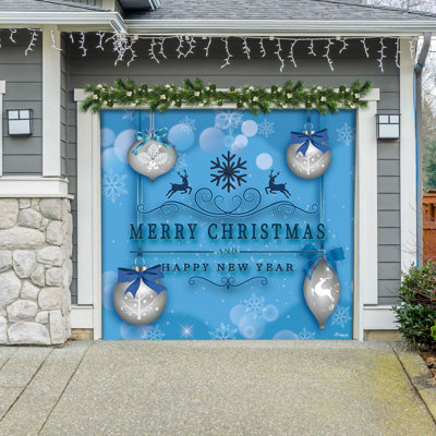 7' X 8' Silver Ornaments On Blue Garage Door Banner - Christmas Holiday Outdoor Decorations