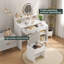 Bureau de coiffeuse blanc avec miroir pivotant à 360 ° et lumières réglables, coiffeuse de maquillage avec fauteuil de rangement et armoire d'appoint avec portes en verre Waveform, coiffeuse avec tiroir pour chambre à coucher