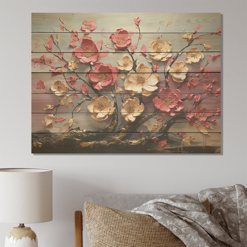 Élégant arbre floral orchidée rose et blanc II - motif floral abstrait sur bois, H 24 po x l 32 po