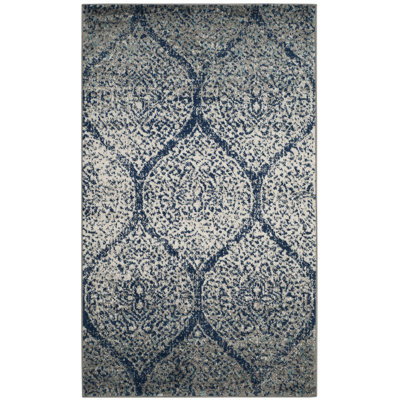 Christa Damask Navy Blue/Silver Area Rug