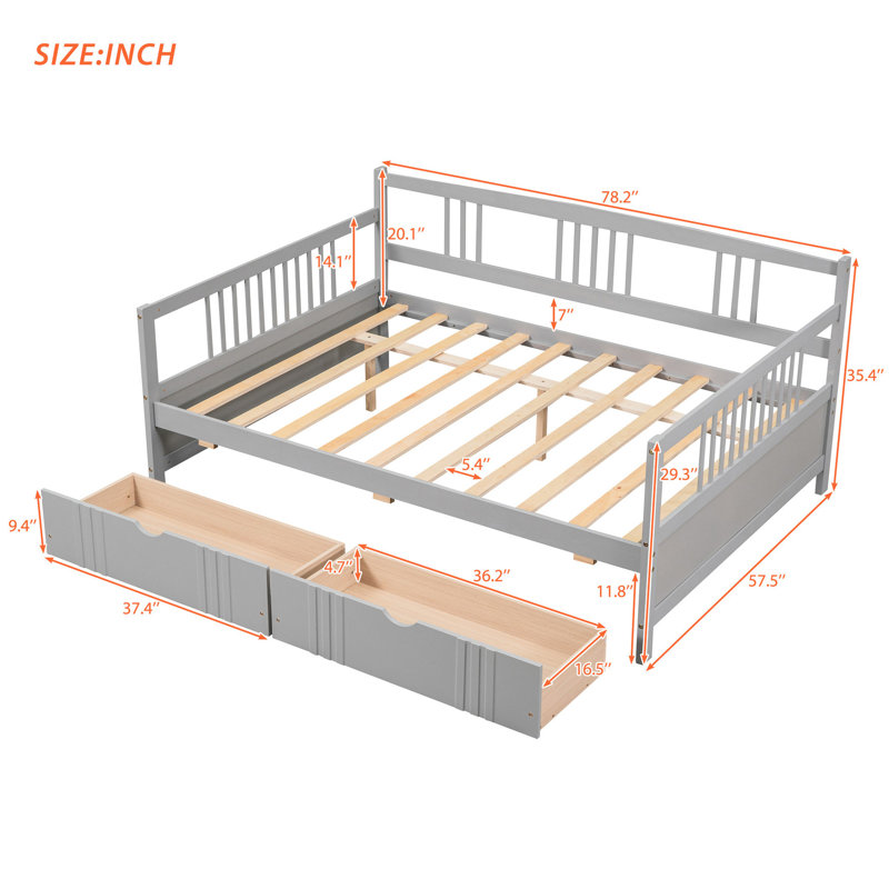Full Size Daybed In Gray - Solid Wood With Two Convenient Drawers For A Modern Home Drawers, Enhancing Your Bedroom Ambiance