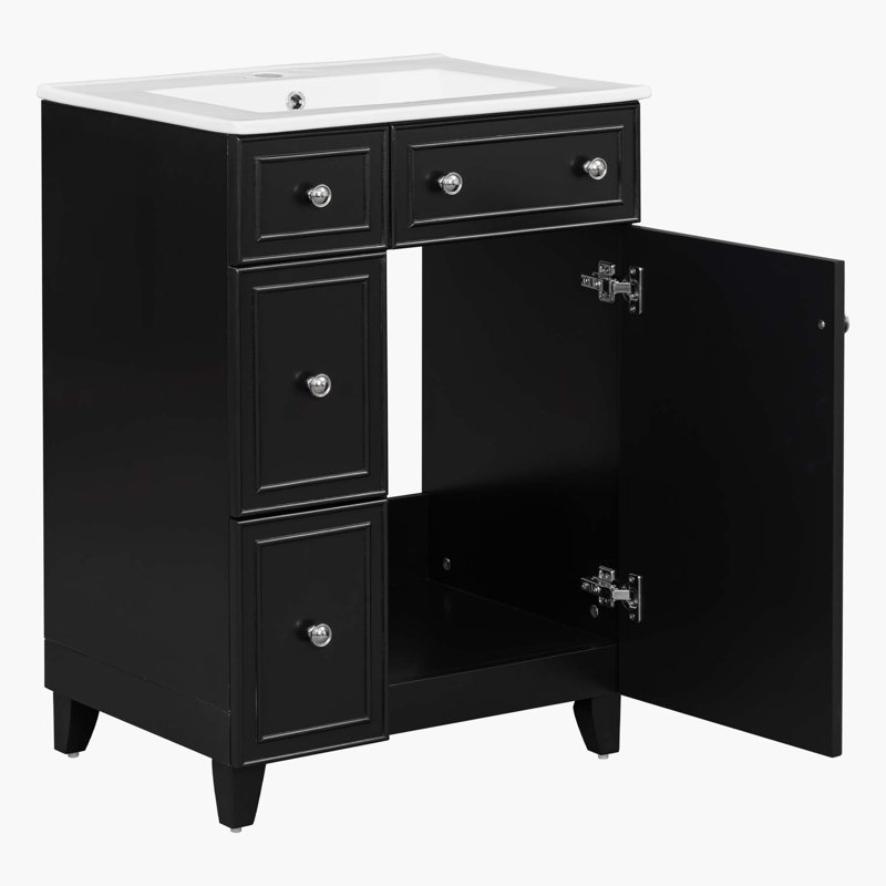 24-Inch Bathroom Vanity Cabinet with Ceramic Sink, 2 Drawers, 1 Door, Black