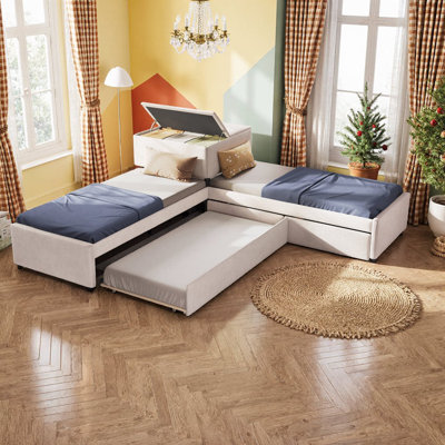 L-Shaped Upholstered Platform Bed With Trundle, Drawers & Built-In Desk, Twin Size