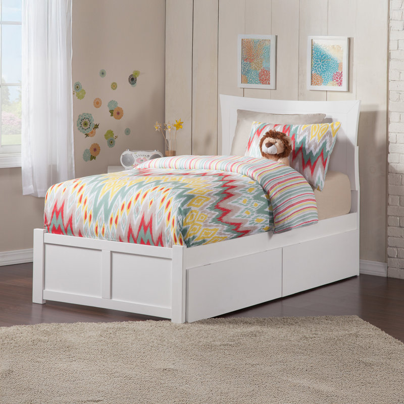 Flagg Solid Wood Storage Platform Bed with Footboard and Under Bed Drawers, Twin, White