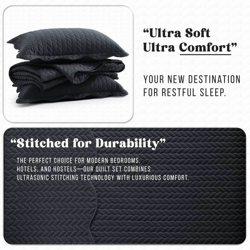 Embossed Quilted Bedspread Set – Soft Microfiber Coverlet With Pillow Shams, Hotel-Style Bedding For High Beds, Charcoal