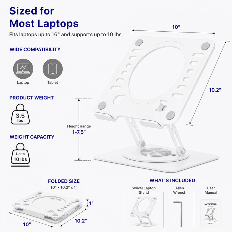 Support pivotant et réglable pour ordinateur portable - Rehausseur en acier rotatif à 360° avec réglage en hauteur et en inclinaison, compatible avec les ordinateurs portables jusqu'à 16 pouces.