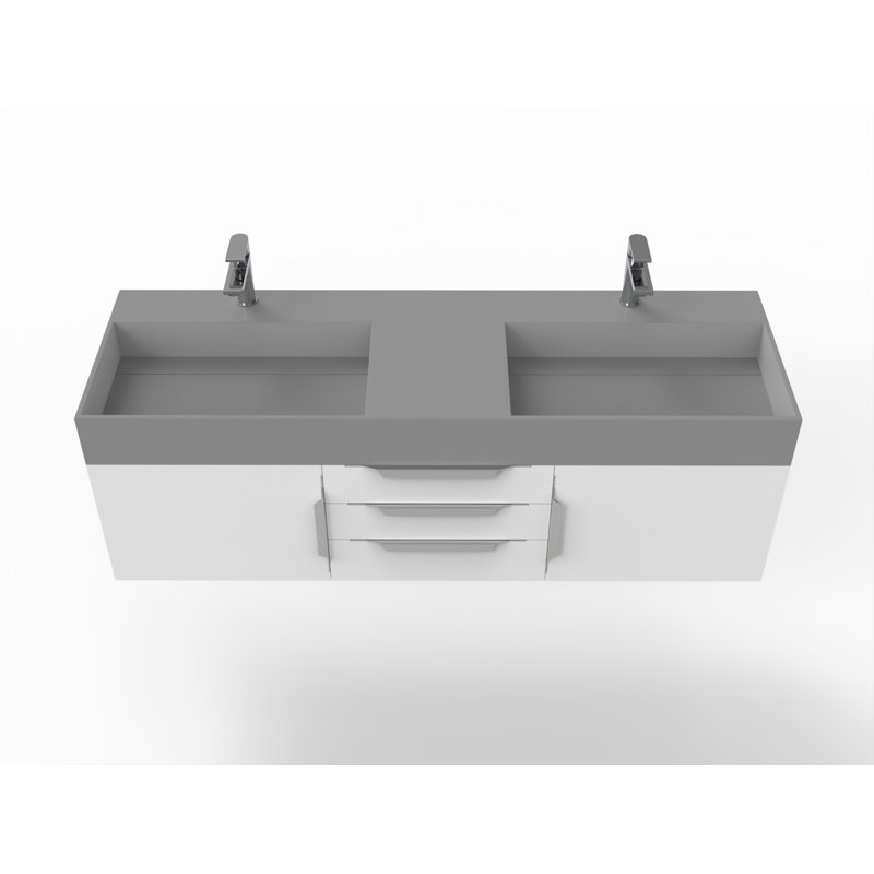 Ensemble de meuble-lavabo double mural 60 po Russett, gris, Blanc, Chrome