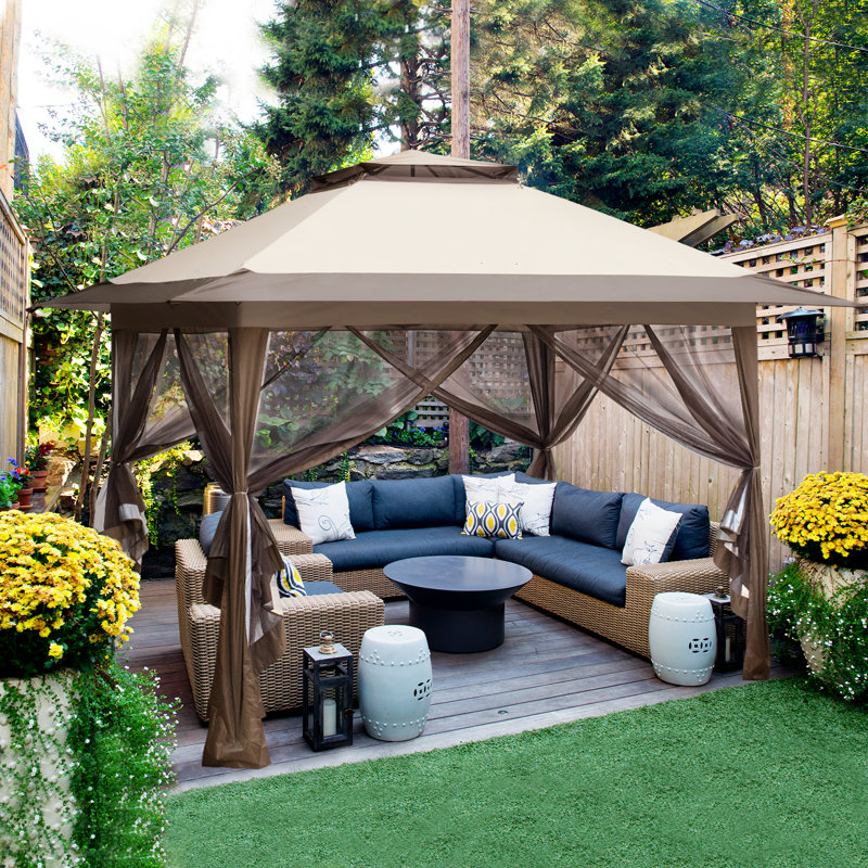 Beige and Brown Metal Pop-Up Patio Gazebo with Mosquito Netting