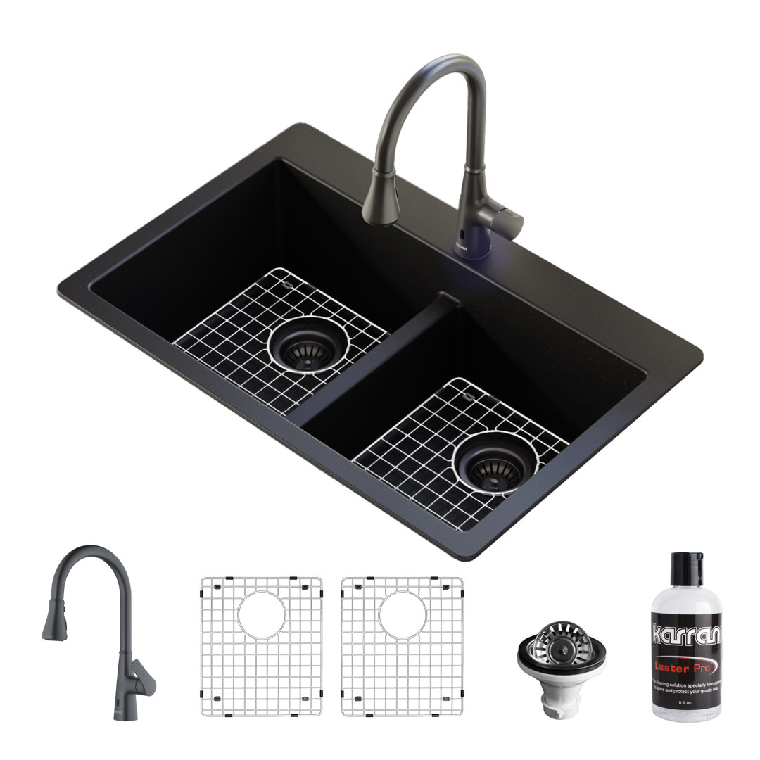 Karran Quartz 33'' X 22'' 50/50 Double Bowl Drop-in Kitchen Sink With Faucet Karran Faucet 