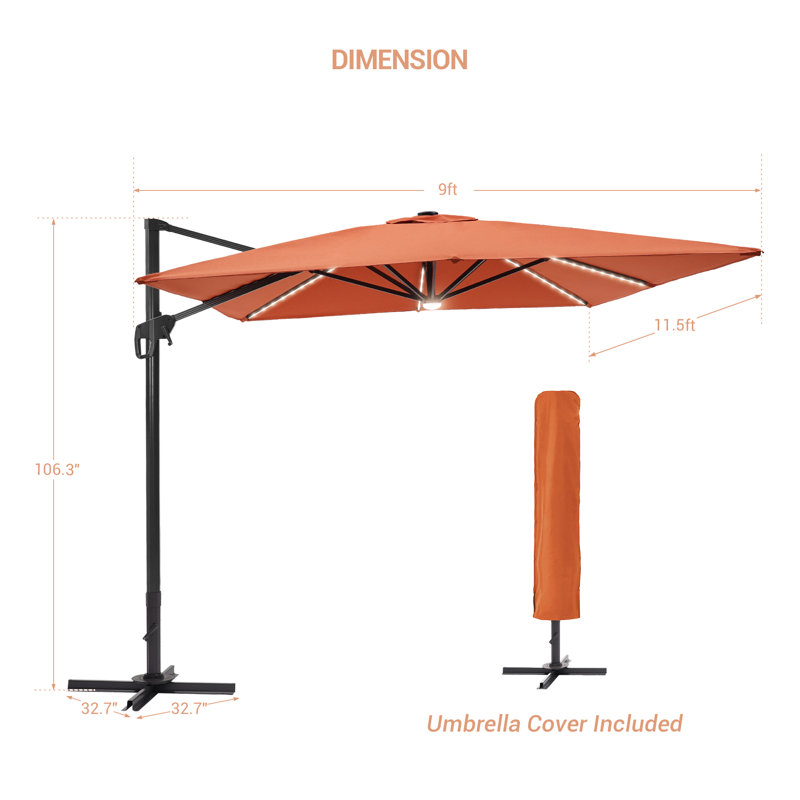 Parasol rectangulaire en porte-à-faux avec éclairage 137,7 po x 107,9 po Sedanur, Rouge rouille