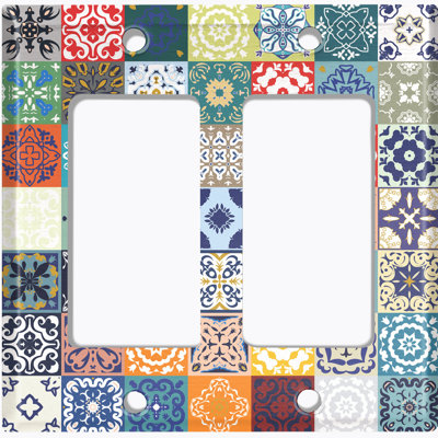 Metal Light Switch Plate Outlet Cover (Vintage Colourful White Elegant Square Pattern Picnic - Single Toggle)