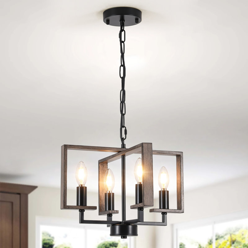 4-Light Dimmable Farmhouse Chandelier in Black and Gold Metal, Geometric Lantern Candle-Style, Ideal for Kitchen Islands, Dining & Entryways