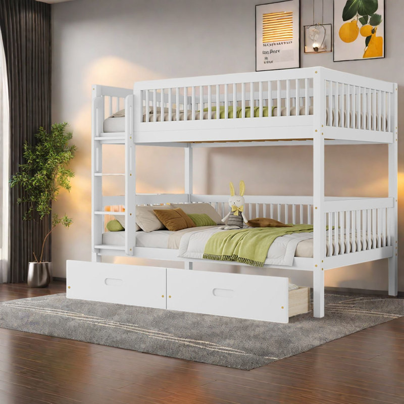 Lit convertible simple au-dessus de lits simples avec tiroirs de rangement, chambre moderne rustique en bois de pin, White