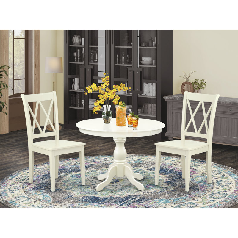 3 Piece Dinette Set for Small Spaces Contains a Round Dining Table with Pedestal and 2 Dining Chairs, Linen White, 3 Pieces