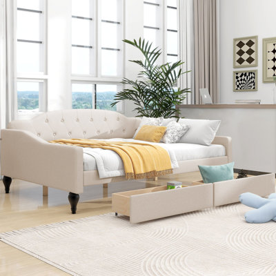 Upholstered Tufted Daybed with Two Drawers