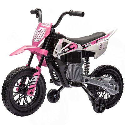 Qaba  Dirt Bike with Twist Grip Throttle, 12V Electric Motorcycle, Electric Bike for Toddler with Training Wheels, Rear Suspension & Music for Ages 3-6 Years, Pink