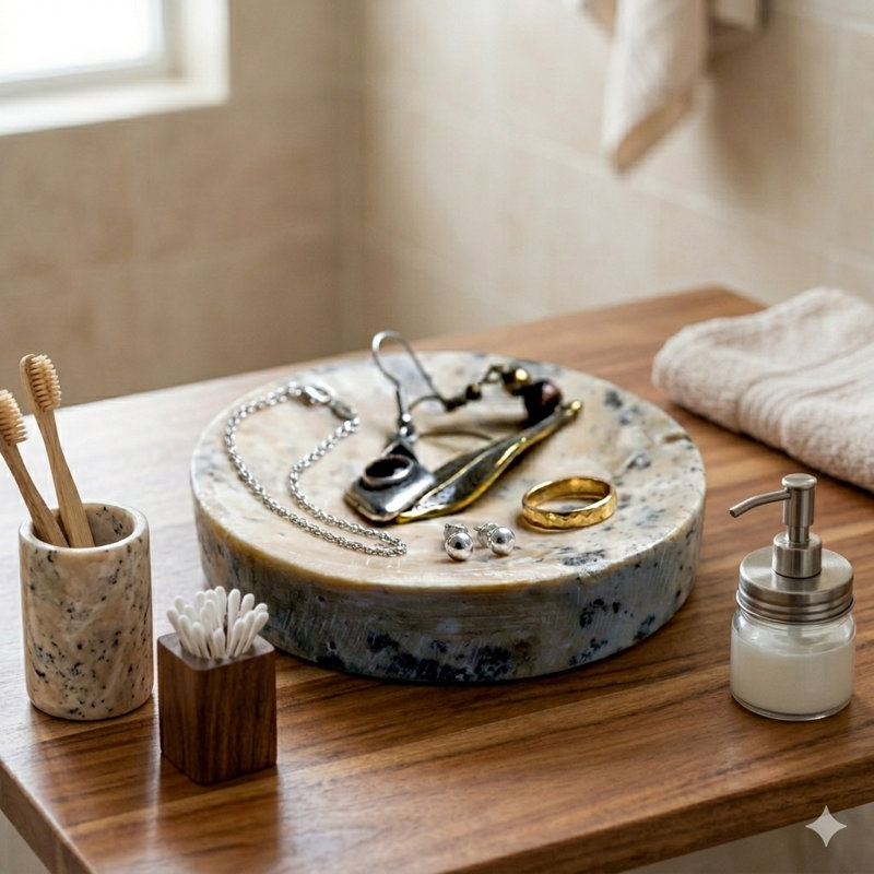 Plateau de meuble-lavabo rond naturel en forme de travertin et bijoux - Socle décoratif pour parfum, anneaux et clés, cadeau idéal