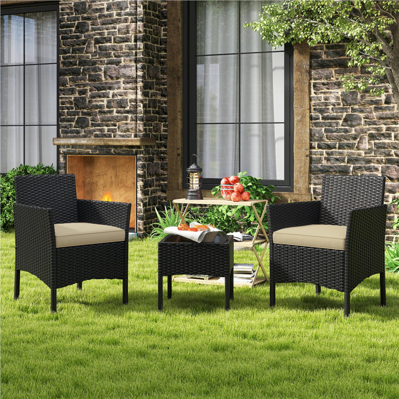Argonne 2 Seater Rattan Conversation Set, Black/Khaki