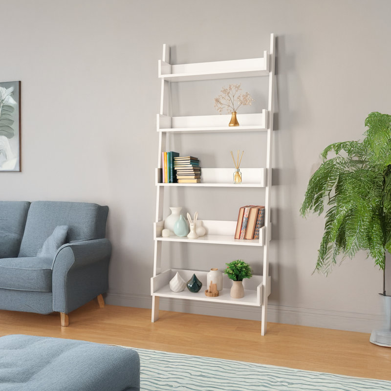 Bibliothèque moderne blanche à 5 niveaux, 31,5 po x 76,8 po x 12,6 po | 100% panneau de particules enduit de mélamine, épaisseur: 0,7 pouce | Solution de rangement élégante pour la maison ou le bureau, design novateur durable et élégant