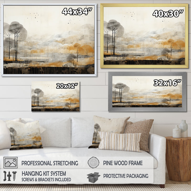 «Bold Mute Tone Countryside Landscape II», impressions sur toile campagne, H 12 po x l 20 po x P 1 po, Cadre simple blanc