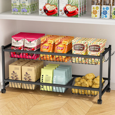 Two-Tier Rolling Pantry Cart on Wheels with Removable Baskets, Sturdy Floor Organizer and Storage for Kitchen, Pantry, and Living Room