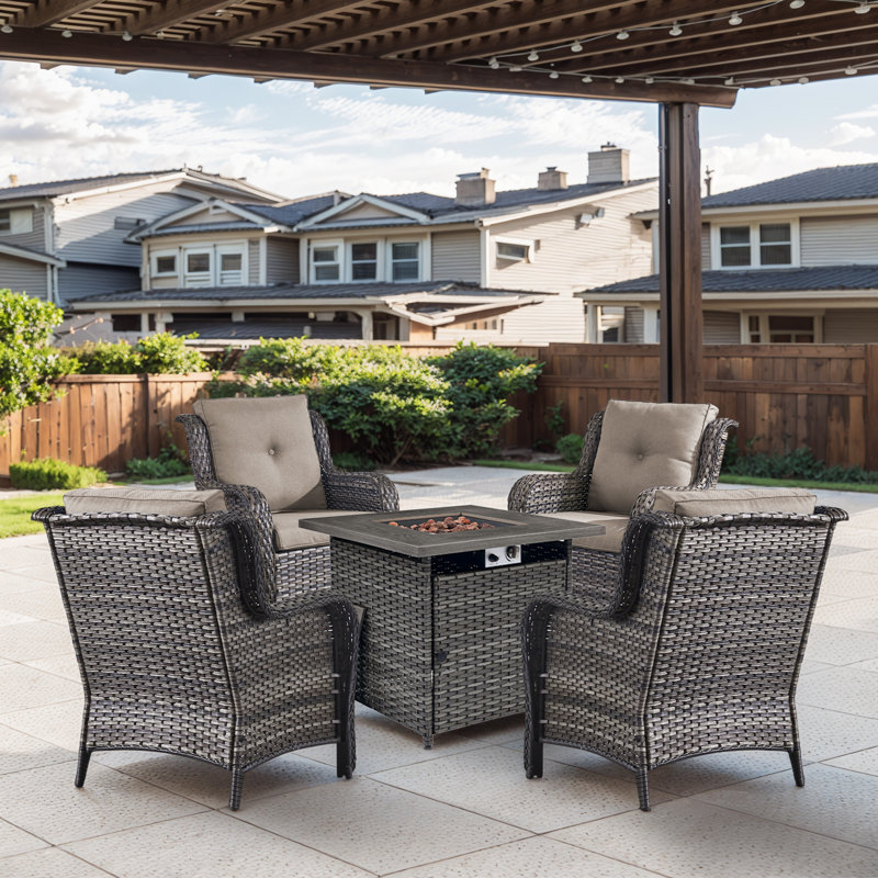 Ensemble de chaises de patio en osier 5 pièces avec foyer et coussins Bonia, Gris, Gris