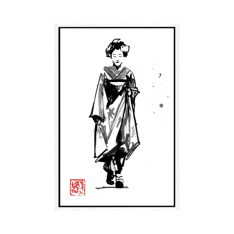 Geisha Walking by Péchane - Painting on Canvas, 101.6 cm H x 66.04 cm W, White Framed