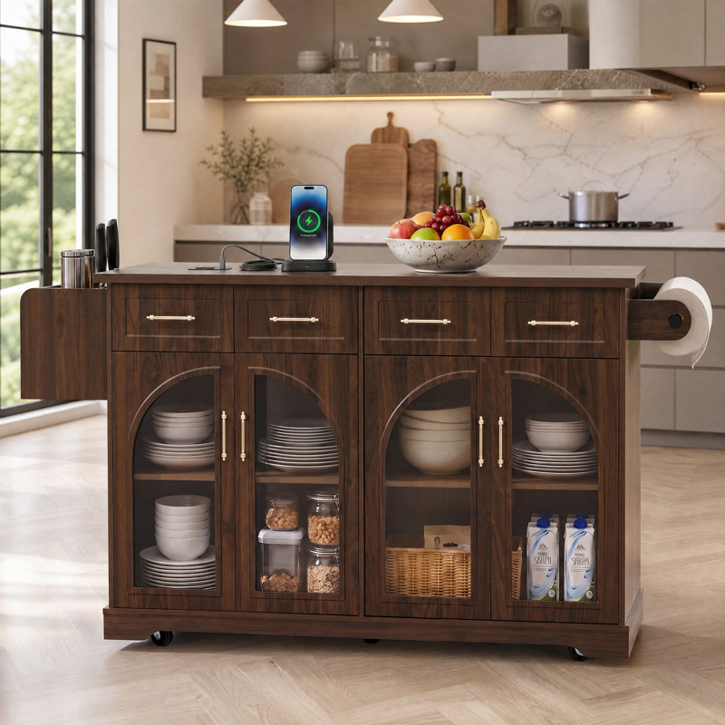 Îlot de cuisine de 65 pouces avec abattant de rangement et prise électrique, Brown