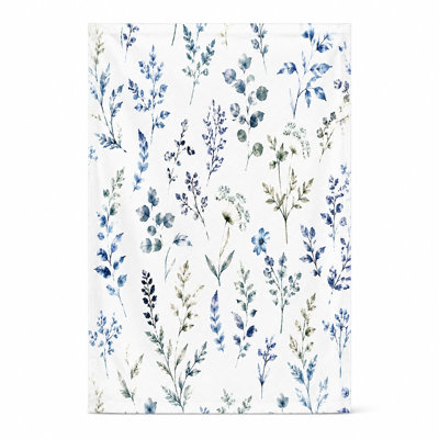 1Pcs Botanical Print Beach Towel, Featuring Watercolor Eucalyptus and Blue Leaf Patterns on White. Quick Dry Microfiber for Travel, Pool, Camping, Unisex.