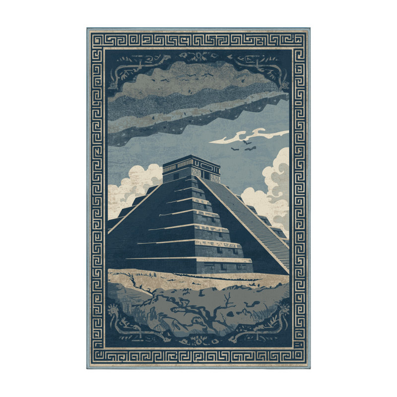 Soft Plush Rodolfo Teotihuacan Pyramids Global Inspired Block Print Area Rug in Gray – SkyBlue Binding, 8x10