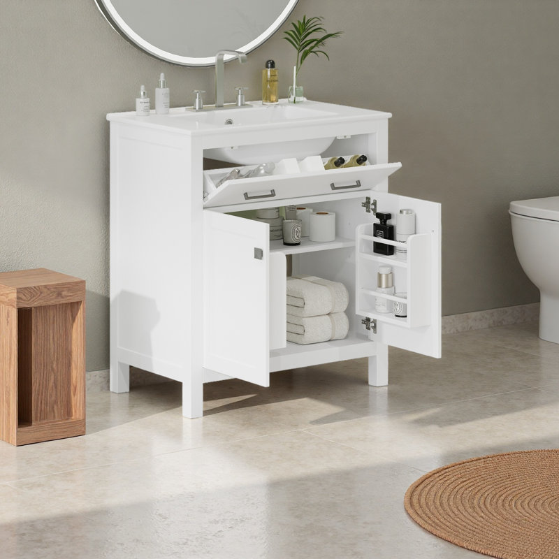 Meuble-lavabo de 30 pouces avec lavabo en céramique, Blanc / argenté