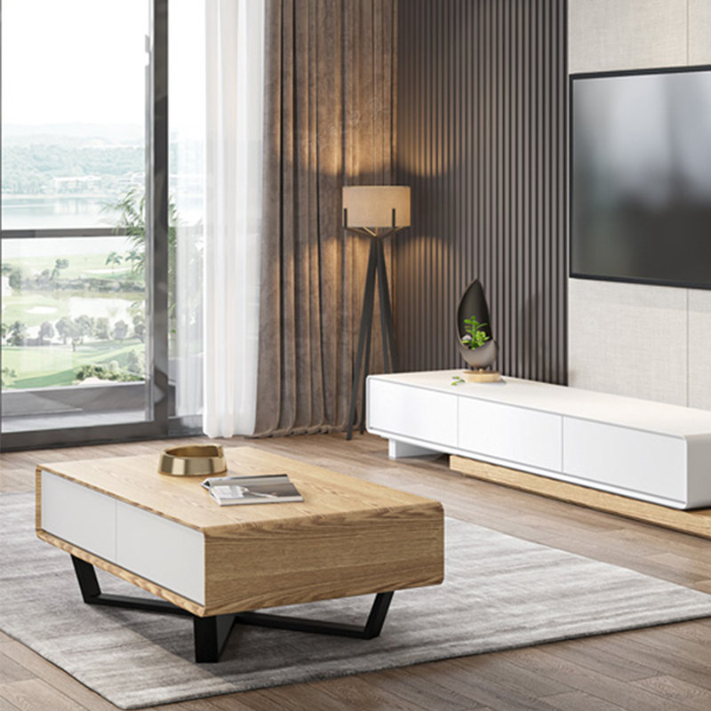 Une table basse d'angle à quatre tiroirs minimaliste, H 15,74 po x L 55,11 po x l 31,49 po, Bois robuste / blanc