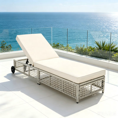 Rattan Outdoor Chaise Lounge, 5-Position Adjustable Backrest Recliner with Cushion & Wheels, Patio Lounge Chair for Poolside, Backyard & Garden